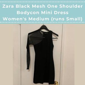 Zara Black Mesh One Shoulder Bodycon Mini Dress M